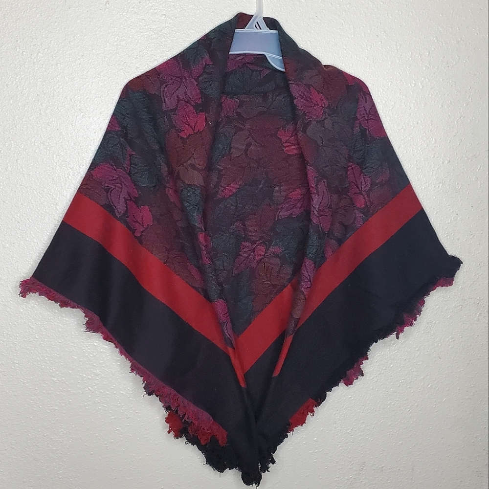 Elwin Vintage Long Winter Scarf w/ Green Purple Red Leaves and Frayed Seams